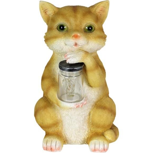 Garden Sculpture, Cat Solar Garden Statue with Jar of 8 LED Firefly Lights - Picture 4 of 4